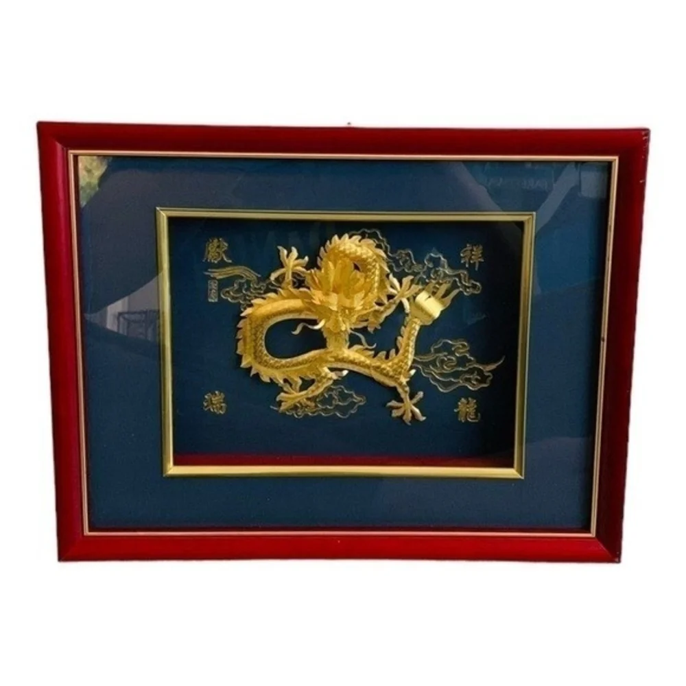 Gold Dragon 3D Framed Inlay Wall Tabletop Decor Chinese Art Feng Shui VG